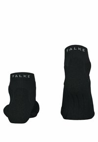 Calcetines negros hasta el tobillo con puños acanalados, talones reforzados y suelas texturizadas. Logo "FALKE" mostrado en el puño. Material duradero.