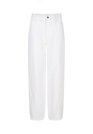 Pantalon en denim blanc à taille haute, coupe droite, fermeture à boutons à l'avant et deux poches latérales, avec des coutures sans surpiqûres.