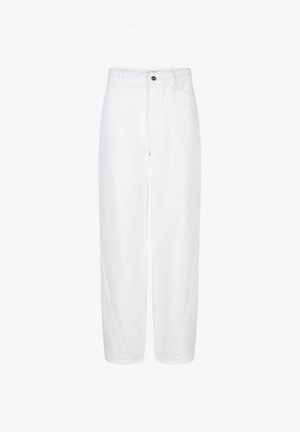 Pantalon en denim blanc à taille haute, coupe droite, fermeture à boutons à l'avant et deux poches latérales, avec des coutures sans surpiqûres.