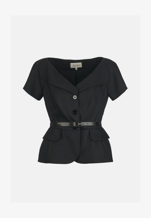 Black short-sleeve tailored jacket with wide collar, two buttons, flap pockets, and slim black belt at the waist.