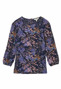 Marineblaues Langarmoberteil mit einem mehrfarbigen abstrakten Blumenmuster. Weicher Stoff mit einem Rundhalsausschnitt und gerafften Ärmeln.