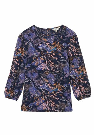 Marineblaues Langarmoberteil mit einem mehrfarbigen abstrakten Blumenmuster. Weicher Stoff mit einem Rundhalsausschnitt und gerafften Ärmeln.