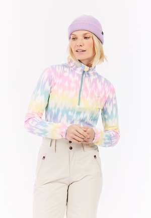 Langsleeve, kwart-rits top in pastel tie-dye tinten van roze, geel en blauw. Beschikt over een staande kraag en zachte, rekbare stof.