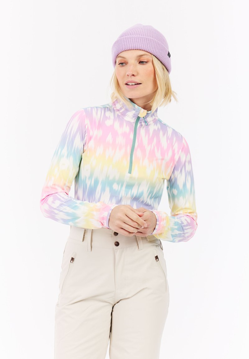 Ilgas rankoves, ketvirtadalio užtrauktuko viršus pastelinių tie-dye atspalvių: rožinės, geltonos ir mėlynos spalvos. Turi iškilų apykaklę ir lygią, tamprią medžiagą.