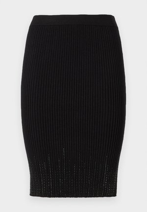 Black ribbed knit skirt with a smooth waistband and decorative textured details at the hem. Features a fitted silhouette.