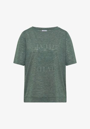 T-shirt vert texturé à manches courtes avec col rond et motif texte pailleté subtil sur le devant indiquant "VIVID".