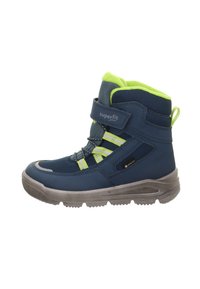 Kinderstiefel in Marineblau mit leuchtend grünen Akzenten, Klettverschlüssen, strukturiertem Stoff und einer robusten grauen Sohle; wasserdichtes Design.