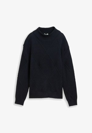 Marineblauwe gebreide trui met een hoge hals, voorzien van een ruitpatroon en geribde manchetten en zoom. Gemaakt van zacht, textuur materiaal.