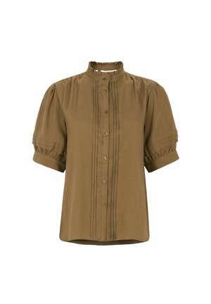 Khakigrüne Bluse mit kurzen Ärmeln, hohem Rüschenkragen, Knopfleiste vorne und vertikalen Plisseefalten in der Mitte. Weiche Stoffstruktur.