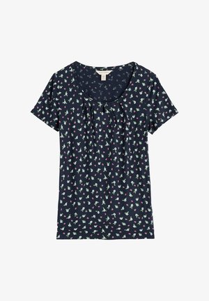 Námořnické tričko s krátkým rukávem vyrobené z měkké látky s kulatým výstřihem. Obsahuje květinový vzor v bílé a růžové barvě s zelenými listy.