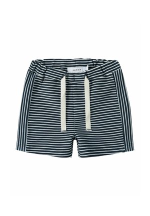 Pantalones cortos para niños pequeños a rayas azul marino y blanco con cintura elástica y cordón blanco.
