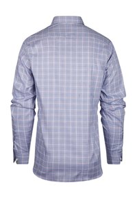 Blauw geruite overhemd met lange mouwen, voorzien van een klassieke kraag, met een roostermotief van licht en donkerblauw en subtiele roze accenten.