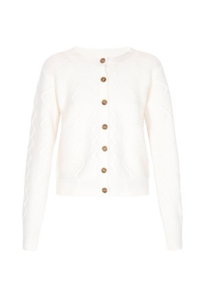 Biały dziergany kardigan z teksturowanym wzorem w zygzak, okrągłym dekoltem i brązowymi guzikami z przodu. Długie rękawy oraz ściągacz u dołu.