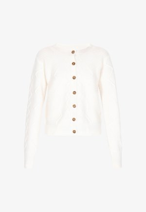 Cárdigan blanco de punto con un patrón de zigzag texturizado, escote redondo y botones marrones en la parte delantera. Manga larga y dobladillo acanalado.