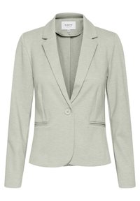 Blazer in jersey grigio chiaro con revers a punta, chiusura a un bottone e tasche frontali. Texture liscia con dettagli di cucitura discreti.