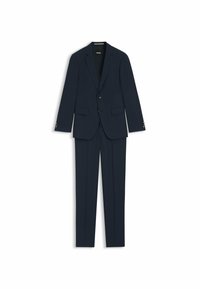 Marineblauer Anzug, bestehend aus einem taillierten Blazer mit Revers und passenden Hosen, mit einem dezenten Muster und zwei Fronttaschen.