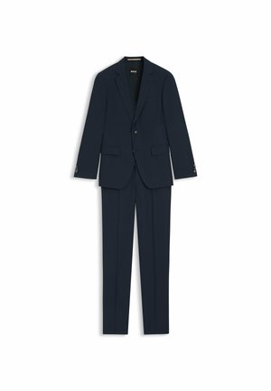 Navy blue suit comprising a tailored blazer with notch lapels and matching trousers, featuring a subtle pattern and two front pockets.