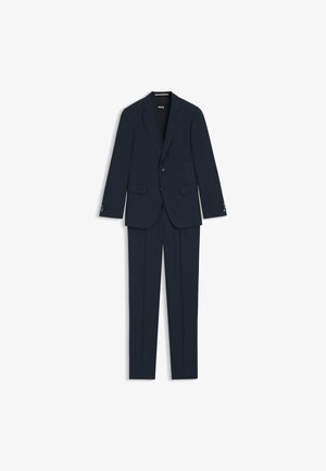 Navy blue suit comprising a tailored blazer with notch lapels and matching trousers, featuring a subtle pattern and two front pockets.