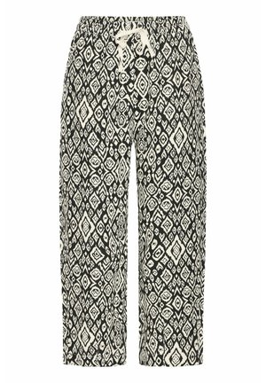 Schwarz-weiße gemusterte Hose mit elastischem Bund, Kordelzugverschluss und einem geometrischen Design, das Rauten und florale Motive zeigt.