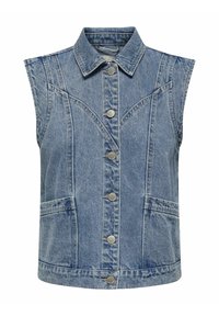 Bezrękawnik z denimu w jasnoniebieskim kolorze, z kołnierzem, guzikami z przodu i dwoma bocznymi kieszeniami. Postarzany wygląd z ozdobnymi, zakrzywionymi szwami.