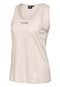 Hellbeiges ärmelloses sportliches Tanktop mit rundem Ausschnitt und kleinem grauem "hummel"-Logo auf der Brust.
