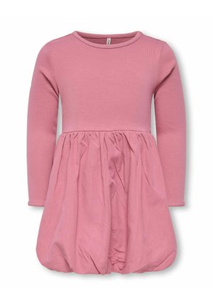Pink toddler dress with long ribbed sleeves, round neckline, and gathered balloon-style skirt.