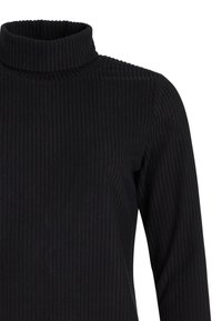 Top negro de canalé con cuello alto y manga larga, con silueta ajustada, mostrando la parte superior del torso y el cuello levantado sobre un fondo liso.
