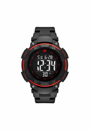 Reloj digital de pulsera negro con acentos rojos, mostrando la hora 12:34, fecha dom 6-28 y múltiples botones de control etiquetados Light, Mode, Start, Reset.