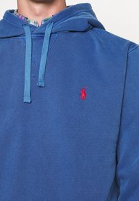 Sudadera azul de algodón, con capucha regulable, puños acanalados y un pequeño logo de polo rojo en el pecho.