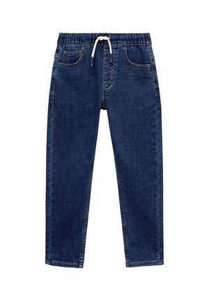 Dunkelblaue Denim-Jeans mit elastischem Bund und weißem Kordelzug, Vordertaschen und geradem Bein.