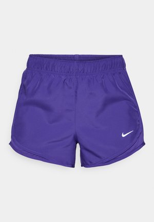 Purple athletic shorts made of smooth fabric, featuring an elastic waistband and a white Nike logo on the lower right side.