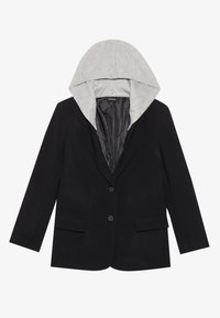 Čierny blazer s dvoma prednými vreckami, uzatváraním na jeden gombík a odnímateľnou sivou kapucňou. Mäkká tkanina s hladkou vnútornou podšívkou.