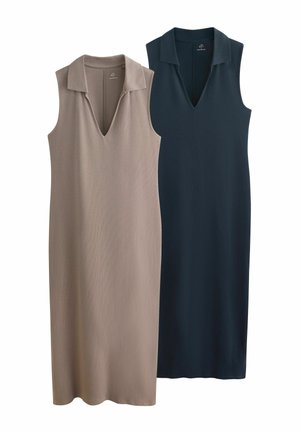 Ärmellose Midikleider mit Kragen und V-Ausschnitt, eines in Taupe und eines in Dunkelblau, nebeneinander auf weißem Hintergrund präsentiert.