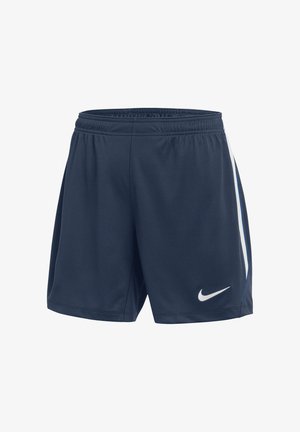 Marineblaue Sportshorts mit weißen und blauen Seitenstreifen, elastischem Bund und weißem Nike-Logo am linken Bein.