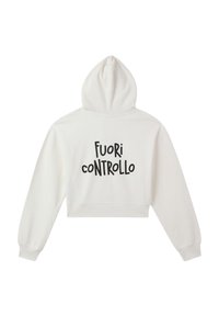 Felpa bianca corta con cappuccio regolabile. Presenta grande testo nero "FUORI CONTROLLO" stampato sul retro. Realizzata in tessuto morbido.