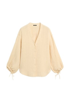 Beige, gekräuselte Langarmbluse mit V-Ausschnitt, Knopfleiste vorne, lockere Ärmel, an den Handgelenken mit Bändern gerafft.