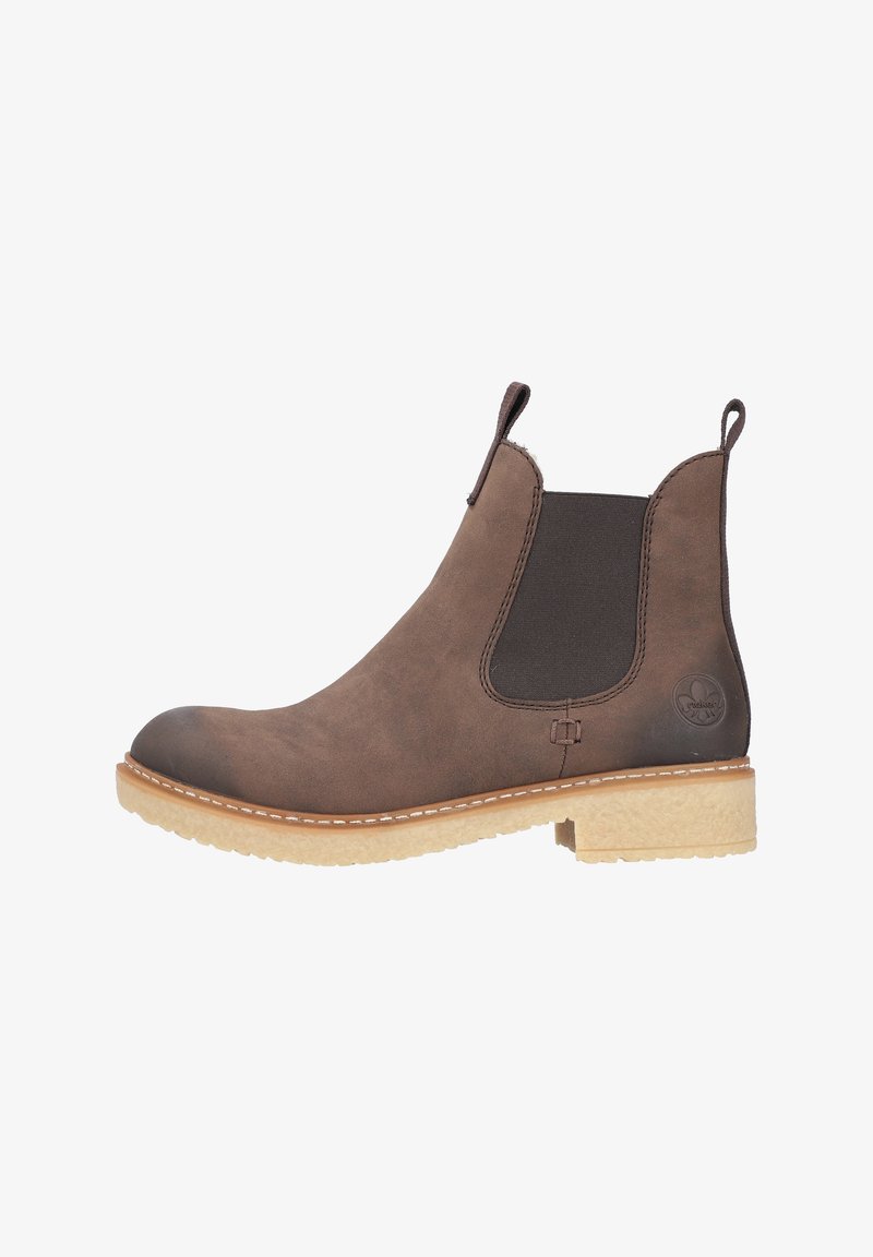 Botines de cuero marrón con paneles laterales elásticos, puntera redonda y una suela ligera. Presenta costuras y un pequeño detalle de logo en el talón.