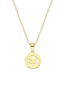 Gouden ketting met een ronde hanger met een uitgesneden ontwerp van een klavertje vier. De ketting heeft kleine schakels, wat een delicate uitstraling geeft.