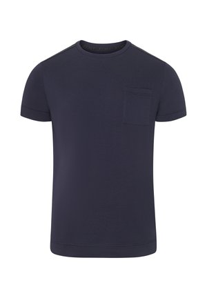 Navy blue short-sleeve t-shirt with round neck and small pocket on the left chest.