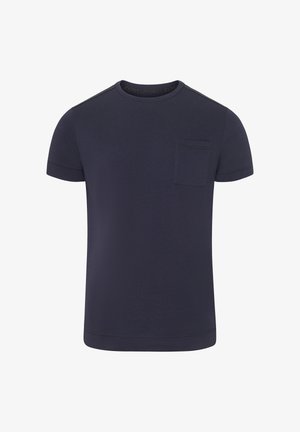 Marineblaues Kurzarm-T-Shirt mit Rundhalsausschnitt und kleinem Taschen auf der linken Brust.