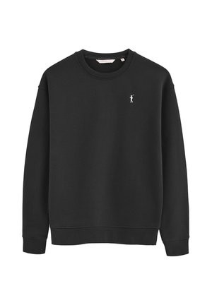 Sort langærmet sweatshirt med rund halsudskæring med lille hvid broderet golfspillerlogo på venstre bryst og ribstrikkede manchetter og kant.