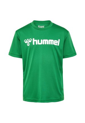 T-shirt de sport vert à manches courtes avec logo hummel blanc et motif d'abeille centré sur la poitrine, en tissu lisse.