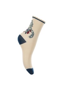 Calcetín beige con borde ondulado, acentos en azul en la punta y el talón, que presenta un diseño bordado de una criatura en azul y rojo.