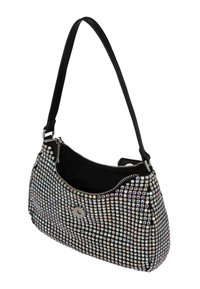Borsa nera con esterno decorato da strass, chiusura con cerniera e singolo manico a spalla. Interno foderato in tessuto nero.