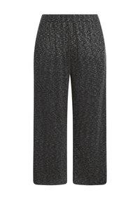 Czarne spodnie szerokie o teksturowanej tkaninie, z elastycznym paskiem w talii i luźnym krojem, odpowiednie do noszenia na co dzień lub w wygodny sposób.