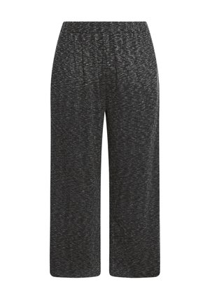 Pantalones de pierna ancha negros con un tejido texturizado, que cuentan con una banda elástica en la cintura y un corte relajado, adecuados para un uso casual o cómodo.