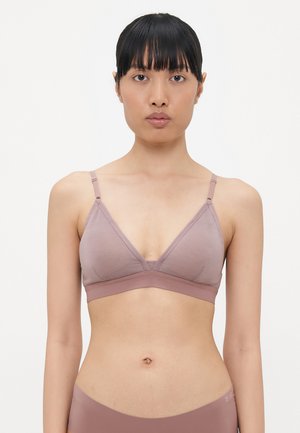Bralette a triangolo in morbido tessuto mauve chiaro con spalline sottili regolabili e una fascia ampia. Texture liscia, design minimalista senza decorazioni.