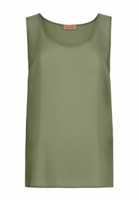 Top senza maniche verde oliva realizzato in tessuto liscio. Caratterizzato da un colletto rotondo e una vestibilità comoda, senza motivi o dettagli visibili.