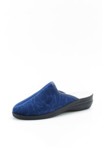 Pantofole blu navy elastiche con tessuto texturizzato, decorate con un motivo floreale, interno imbottito e suola a zeppa nera.