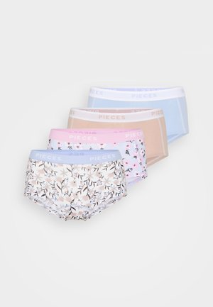 Négy pár női alsó: virágmintás és pasztell színekben. Anyagai pamutkeverékek, rugalmas derékpánttal, rajta a "PIECES" logóval.